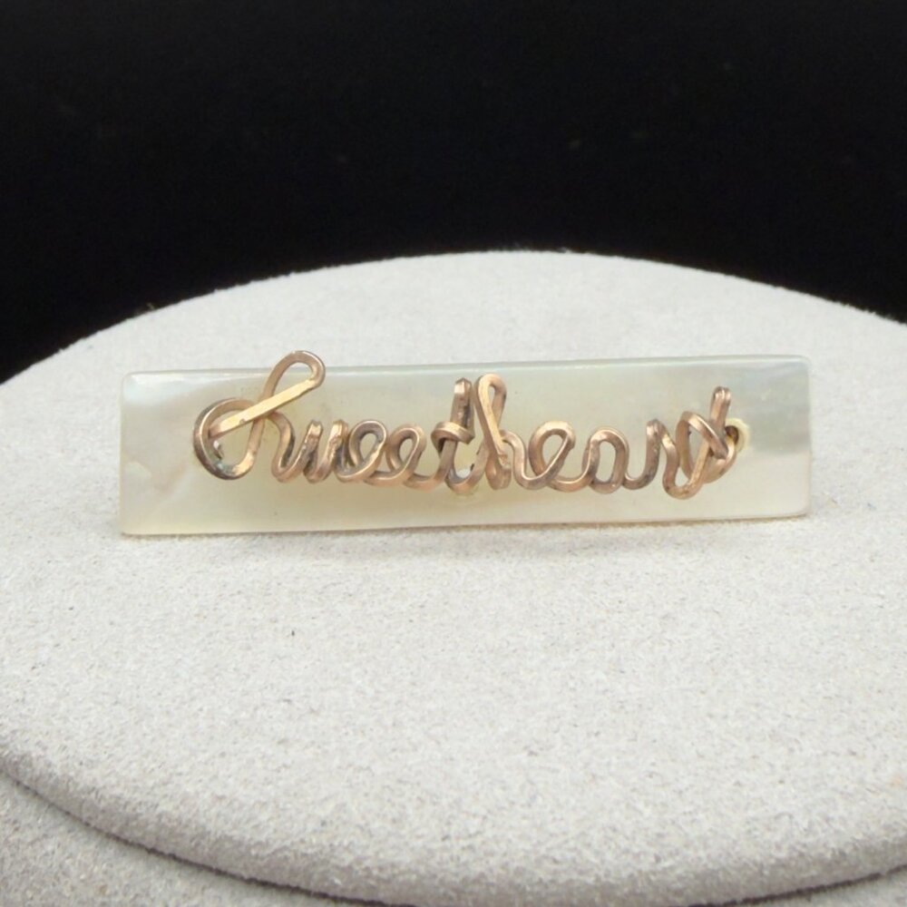 Vintage Mother Of Pearl Sweetheart Handwritten Copper Wired Brooch Pin